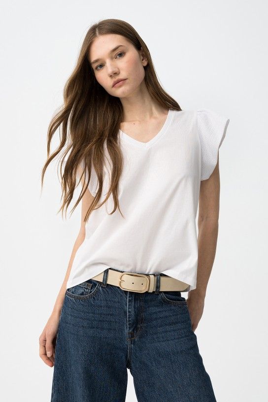 Camiseta manga volante escote en pico blanco Tiffosi